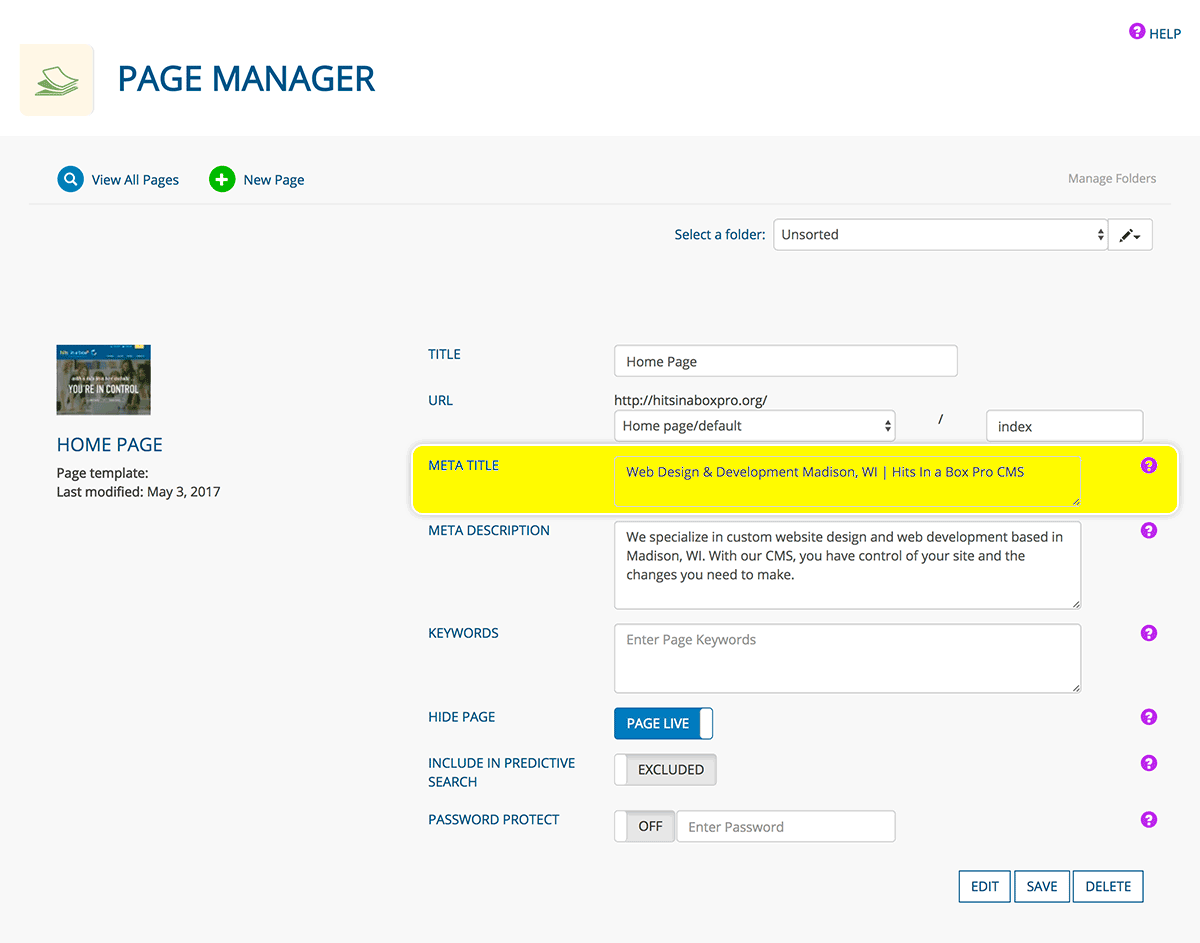 Hits in a Box Page Manager app, highlighting where to enter the title tag