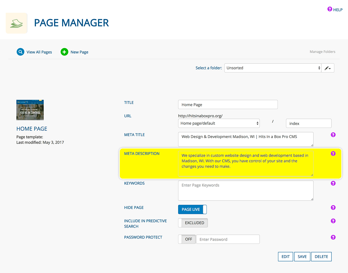 Hits in a Box Page Manager app, with highlight showing where to enter meta descriptions